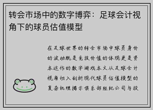 转会市场中的数字博弈：足球会计视角下的球员估值模型